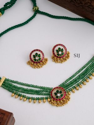 Gold Finish Kundan Jadau Green Beaded Choker