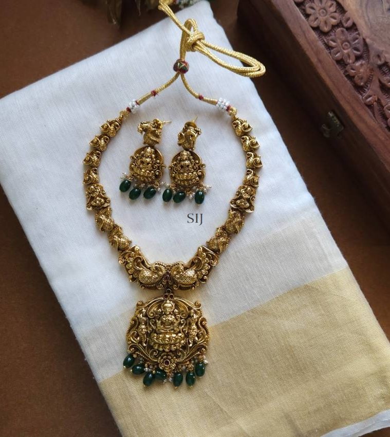 Antique Lakshmi Pendant Necklace with Green Beads Hangings