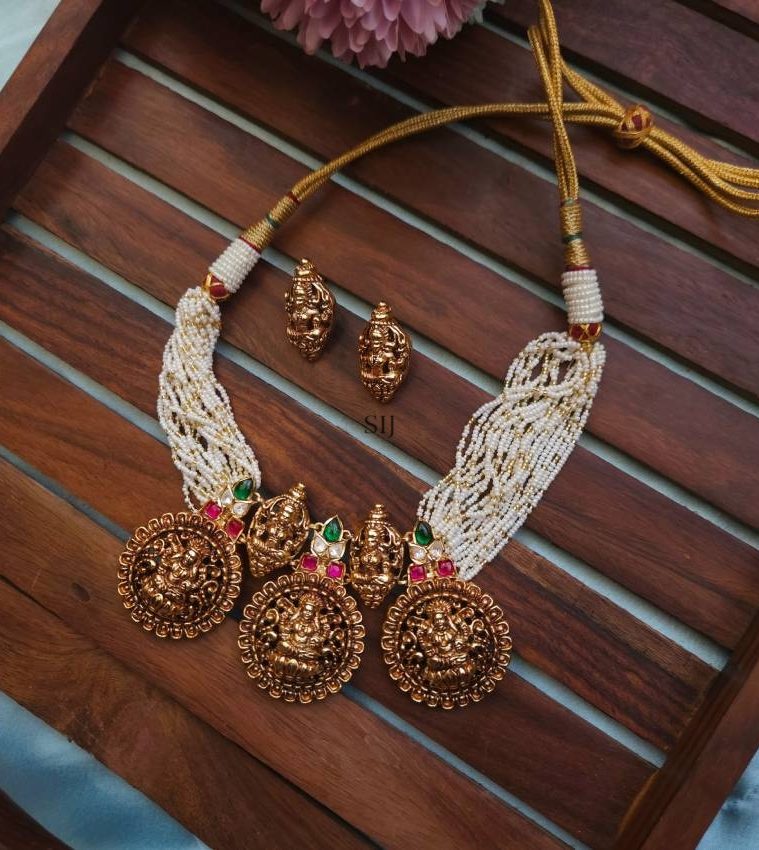 Three Lakshmi Pendants Multi Layers White Beads Choker
