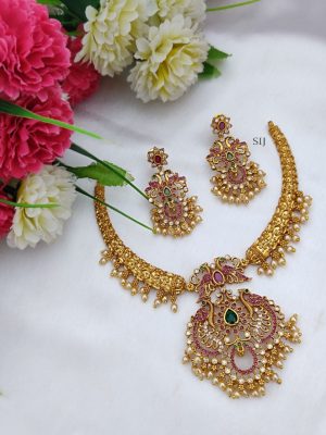 Matte Finish Multi Color Stones Dual Peacock Pendant Necklace