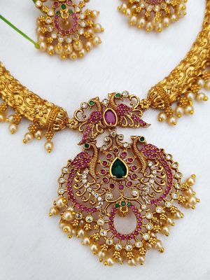 Matte Finish Multi Color Stones Dual Peacock Pendant Necklace