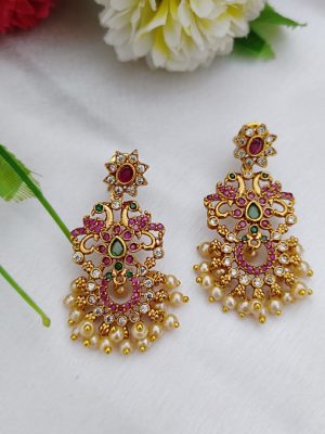Matte Finish Multi Color Stones Dual Peacock Pendant Necklace