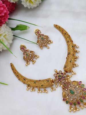 Matte Finish Dual Peacock Pendant Necklace Set