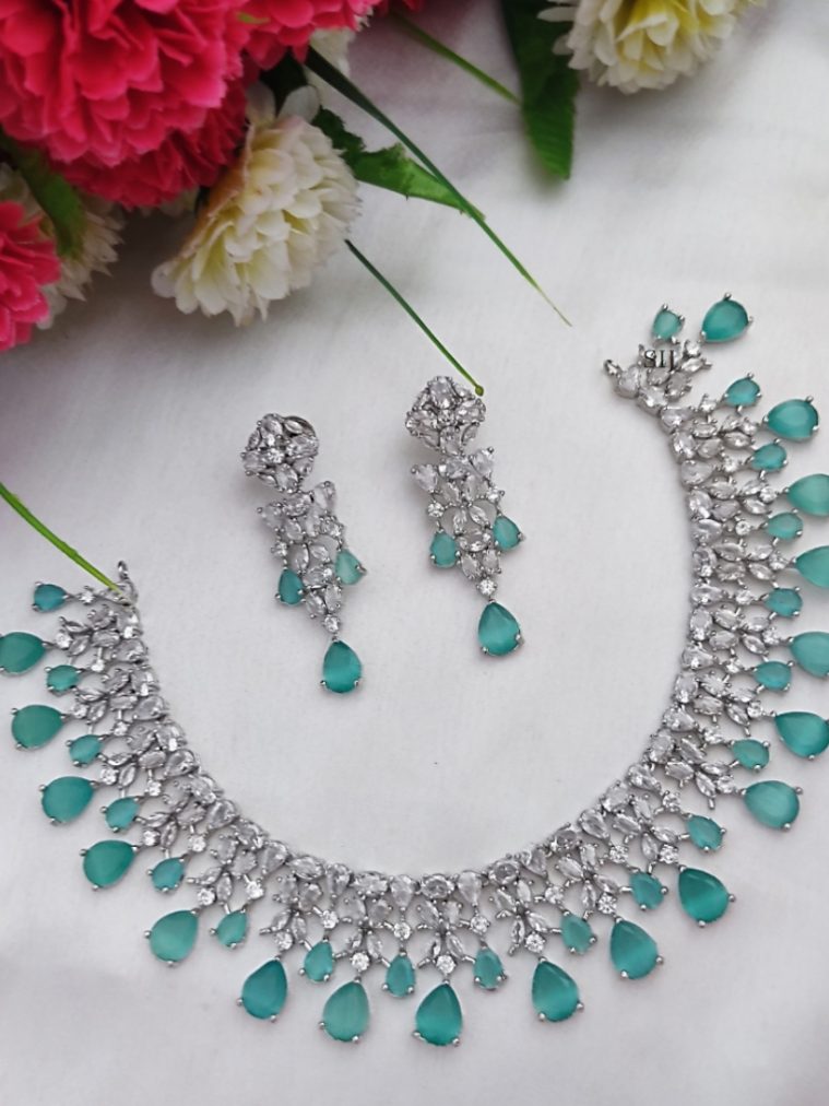 Rhodium Polish White and Mint Green Stone Necklace Set