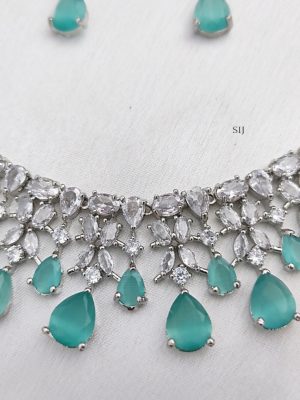 Rhodium Polish White and Mint Green Stone Necklace Set