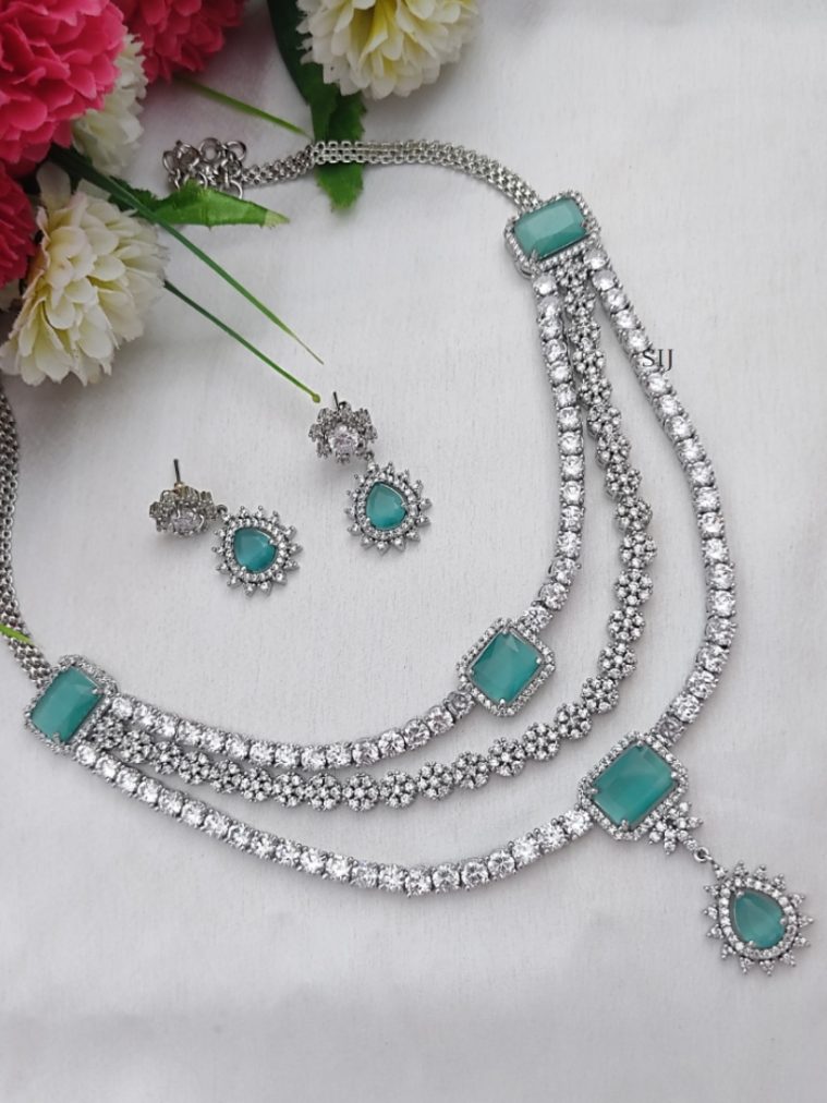 Rhodium Polish Three Layers White and Mint Green Stone Necklace Set