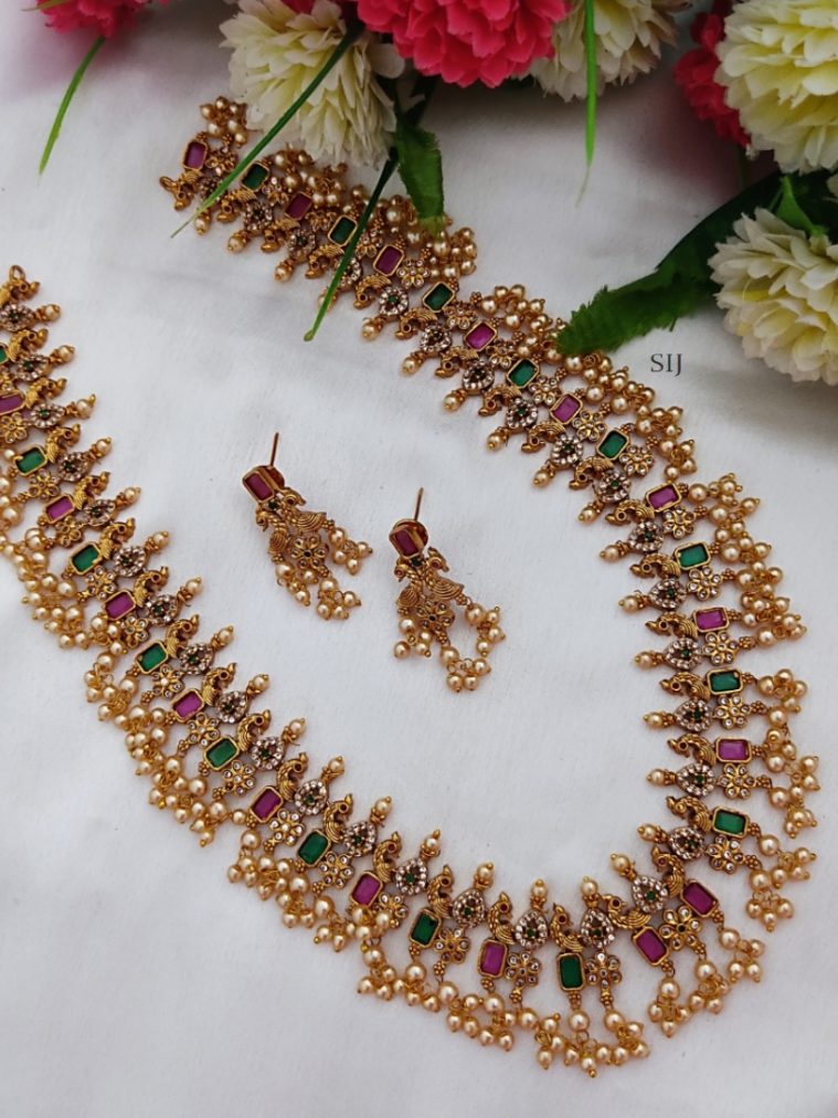 Matte Finish Peacock Guttapusalu Long Necklace Set