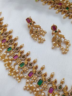 Matte Finish Peacock Guttapusalu Long Necklace Set