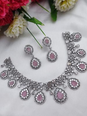 Rhodium Polish White and Baby Pink Stone Necklace Set