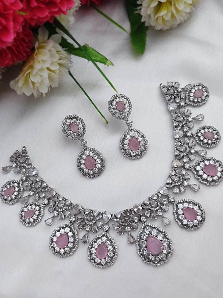Rhodium Polish White and Baby Pink Stone Necklace Set