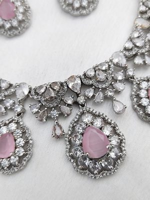 Rhodium Polish White and Baby Pink Stone Necklace Set