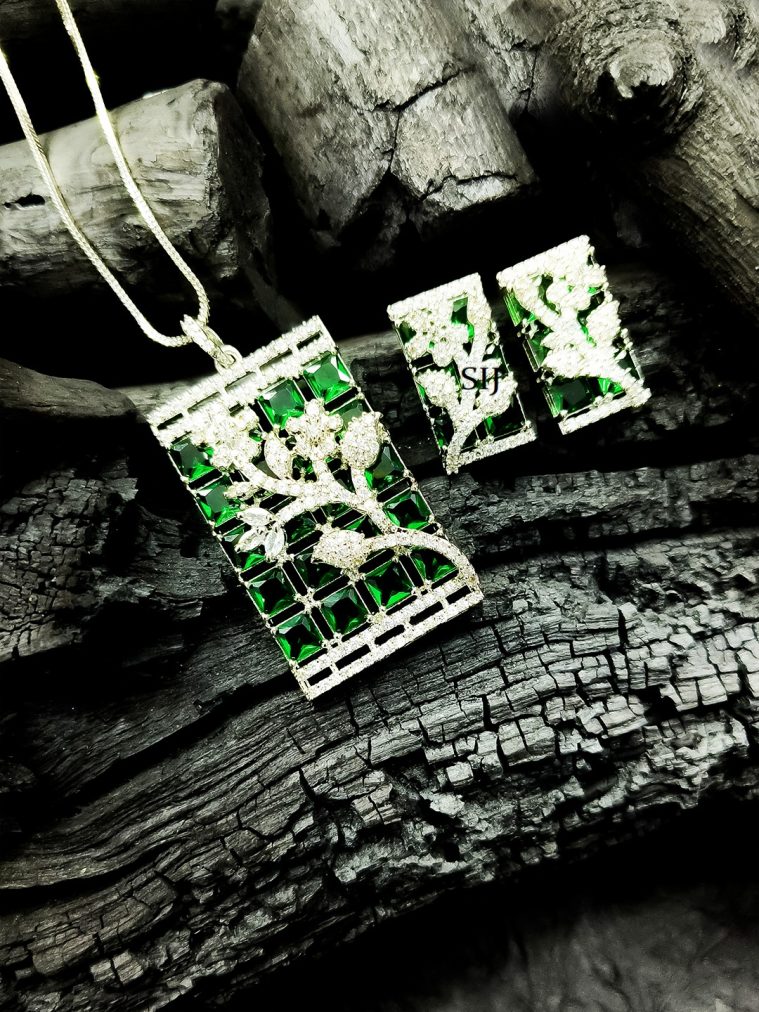 Silver Plated Square Green AD Pendant Set With Earrings