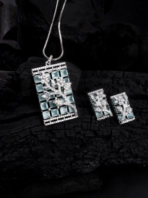 Silver Plated Square Turquoise AD Pendant Set With Earrings