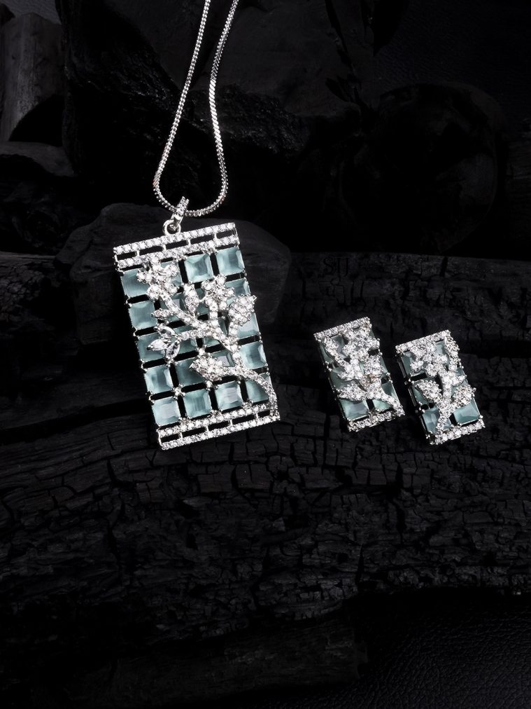Silver Plated Square Turquoise AD Pendant Set With Earrings