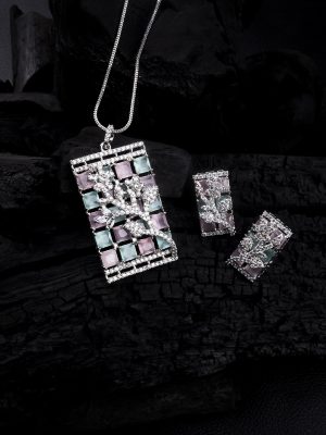Silver Plated Square Multicolor AD Pendant Set With Earrings