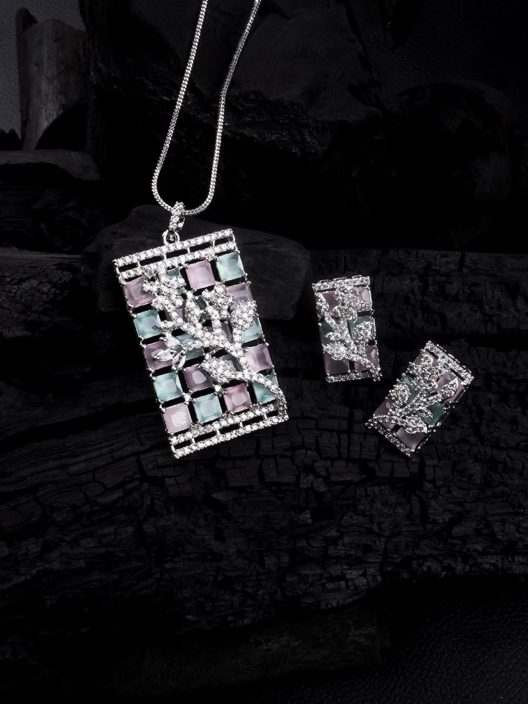 Silver Plated Square Multicolor AD Pendant Set With Earrings