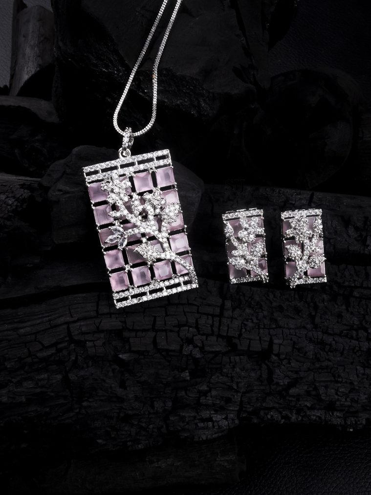 Silver Plated Square Pink AD Pendant Set With Earrings