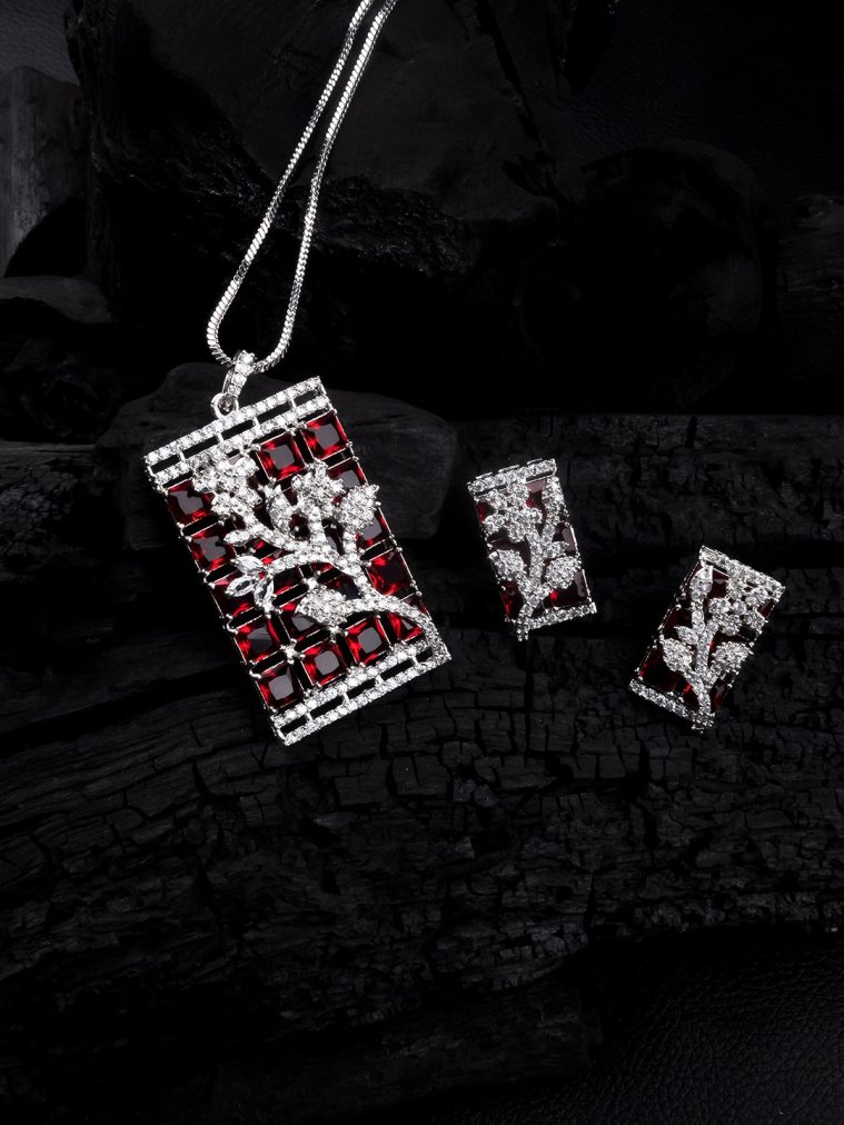 Silver Plated Square AD Pendant Set With Earrings