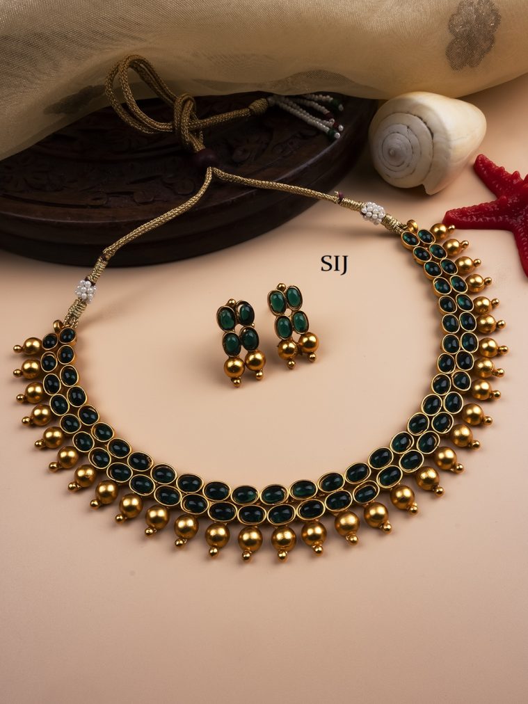 Traditional Gold Plated Green Kemp Studded Necklace Set