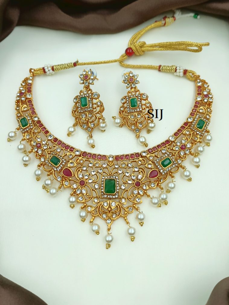 Gold Finish AD Stone V Shape Necklace Set