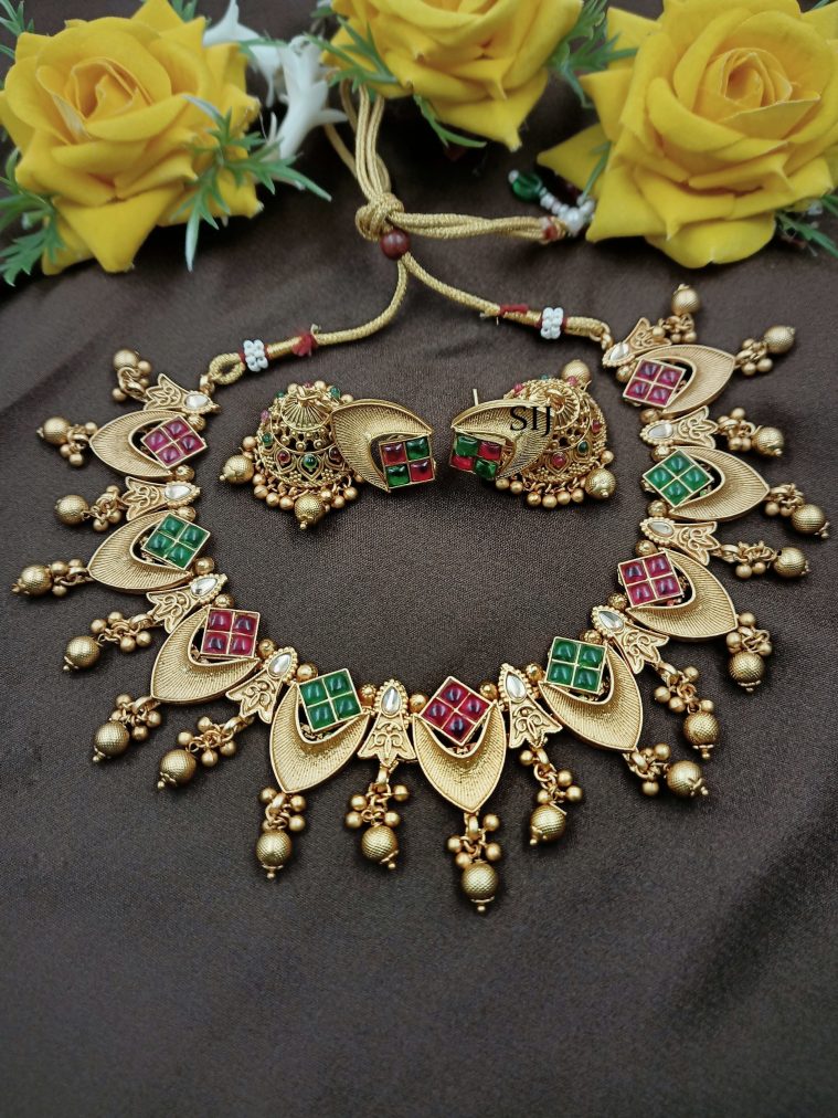 Ruby Green Kemp Necklace With Jhumkas
