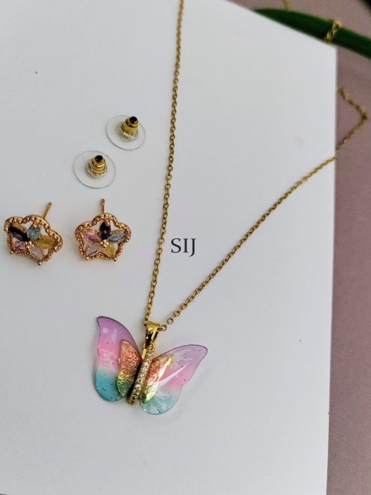 Gold Polish Multi Stones Butterfly Chain Set