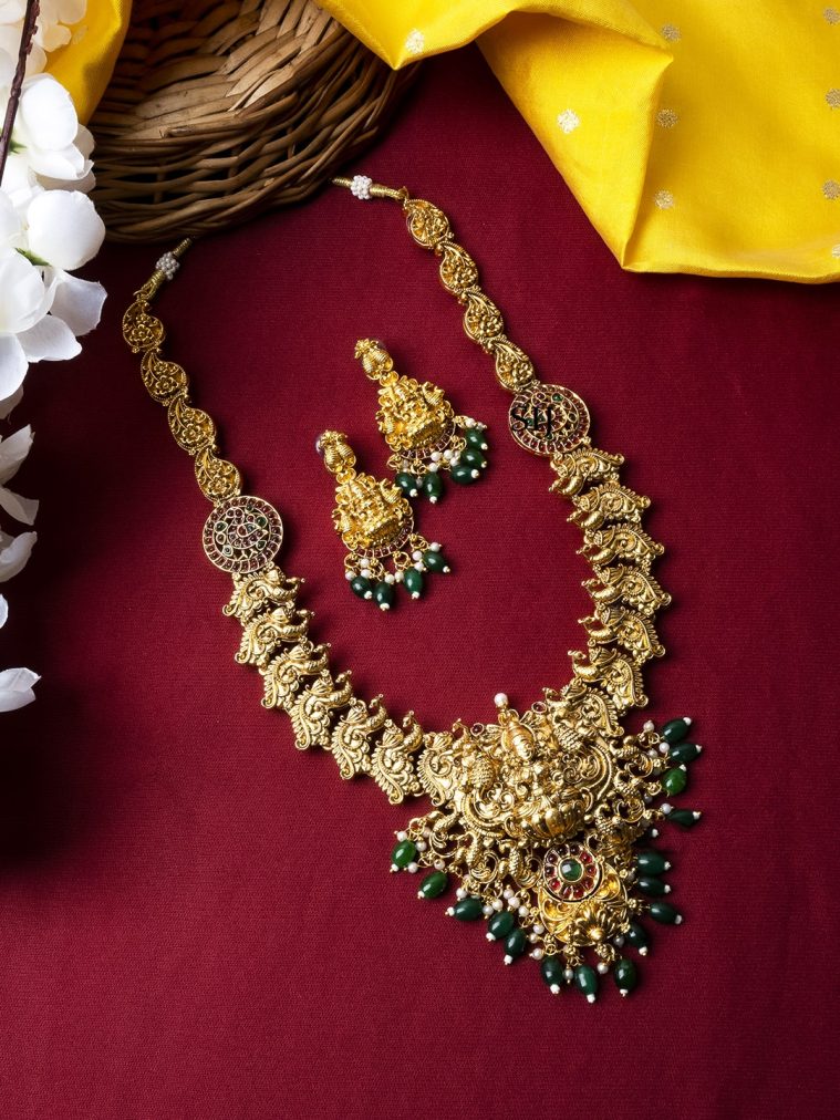 Antique Lakshmi Haram With Green Beads