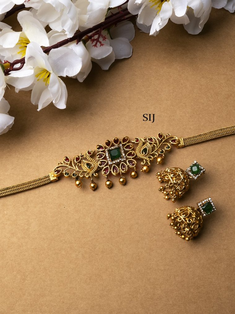 Ruby Green AD Peacock Choker With Jhumkas