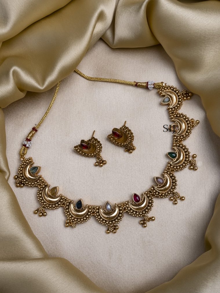 Gold Finsh Multi Half Moon Shape Necklace Set
