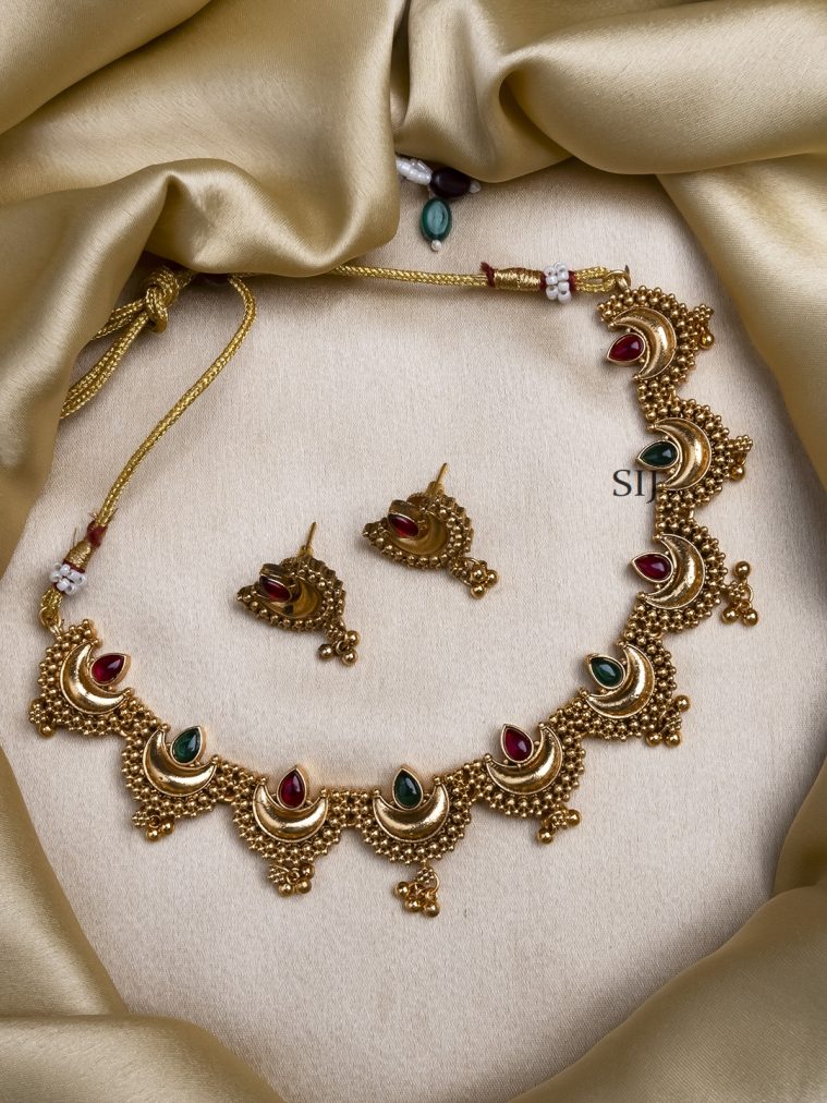 Gold Finsh Red-Green Half Moon Shape Necklace Set