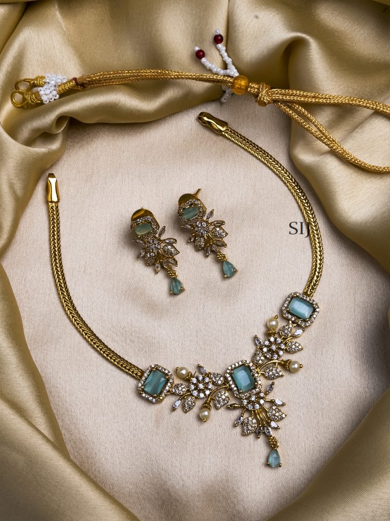 Gold Plated Turquoise AD Leaf Necklace Set
