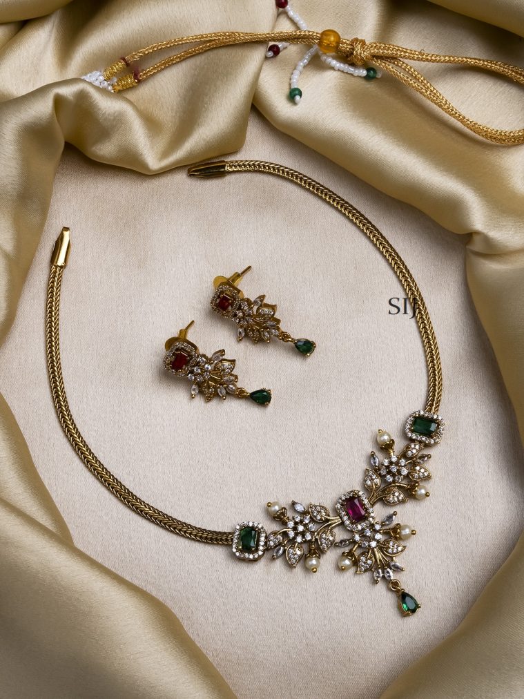 Gold Plated Ruby-Green AD Leaf Necklace Set
