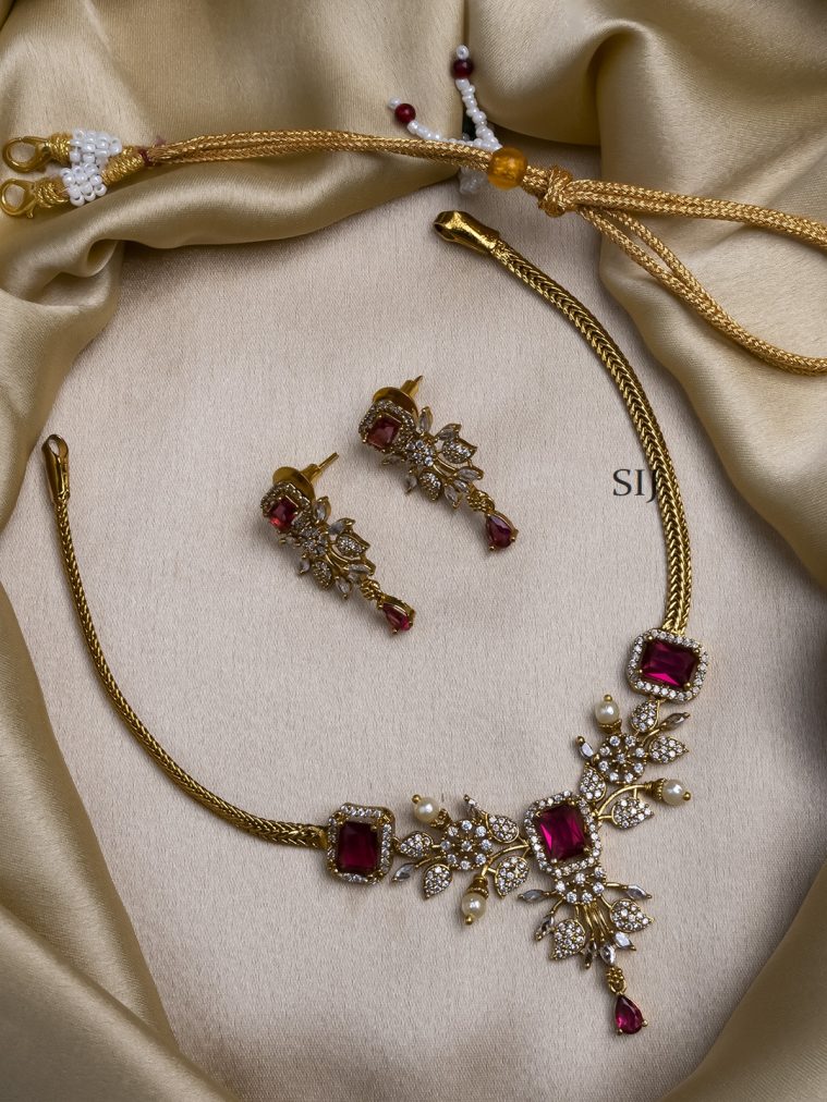 Gold Plated Ruby AD Leaf Necklace Set