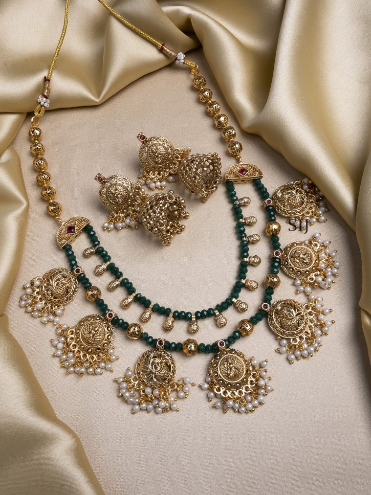 Onyx Beads Double Line Filgree Necklace Set