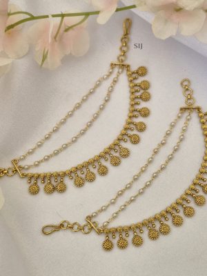 Gold Finish Two Layers Pearl and One Layer Gold Beads Ear Chains