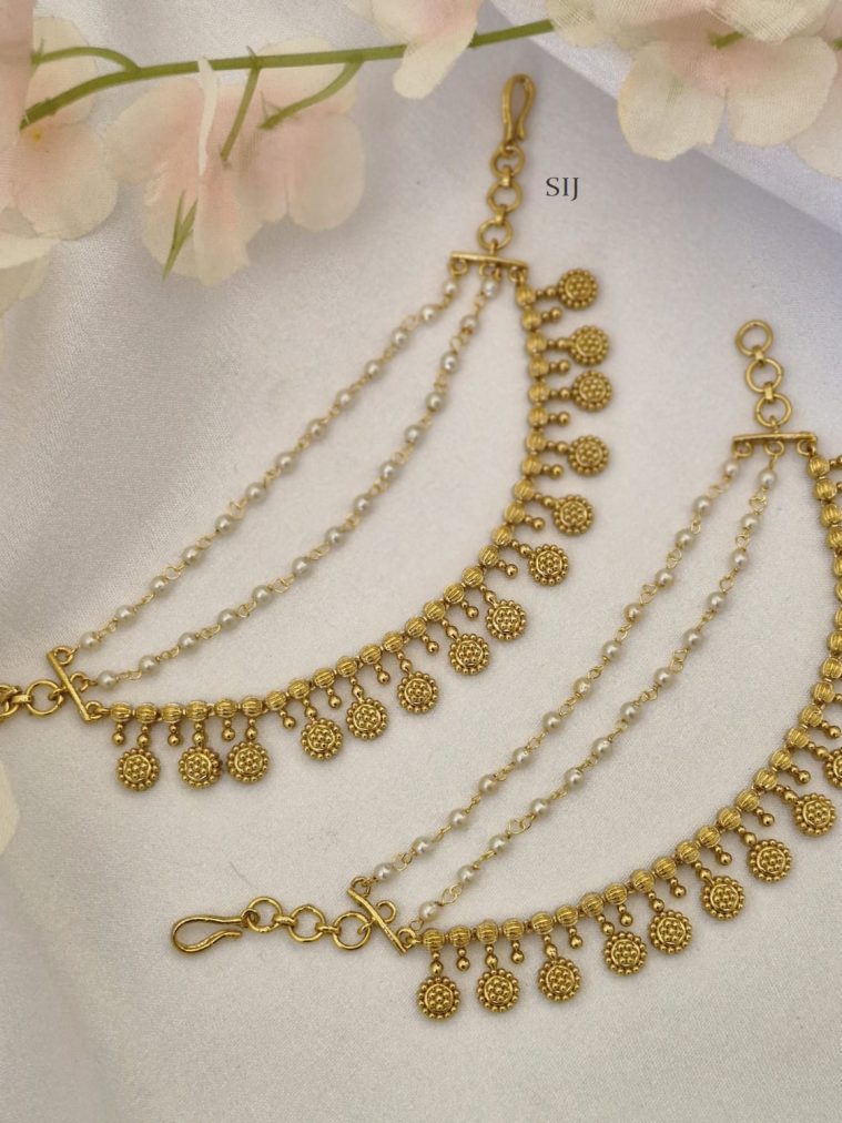 Gold Finish Two Layers Pearl and One Layer Gold Beads Ear Chains