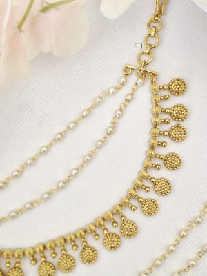 Gold Finish Two Layers Pearl and One Layer Gold Beads Ear Chains