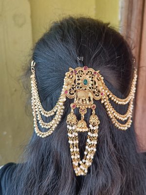 Traditional Elephant and Peacock Pendant Hair Brooch with Pearl Layer Chain