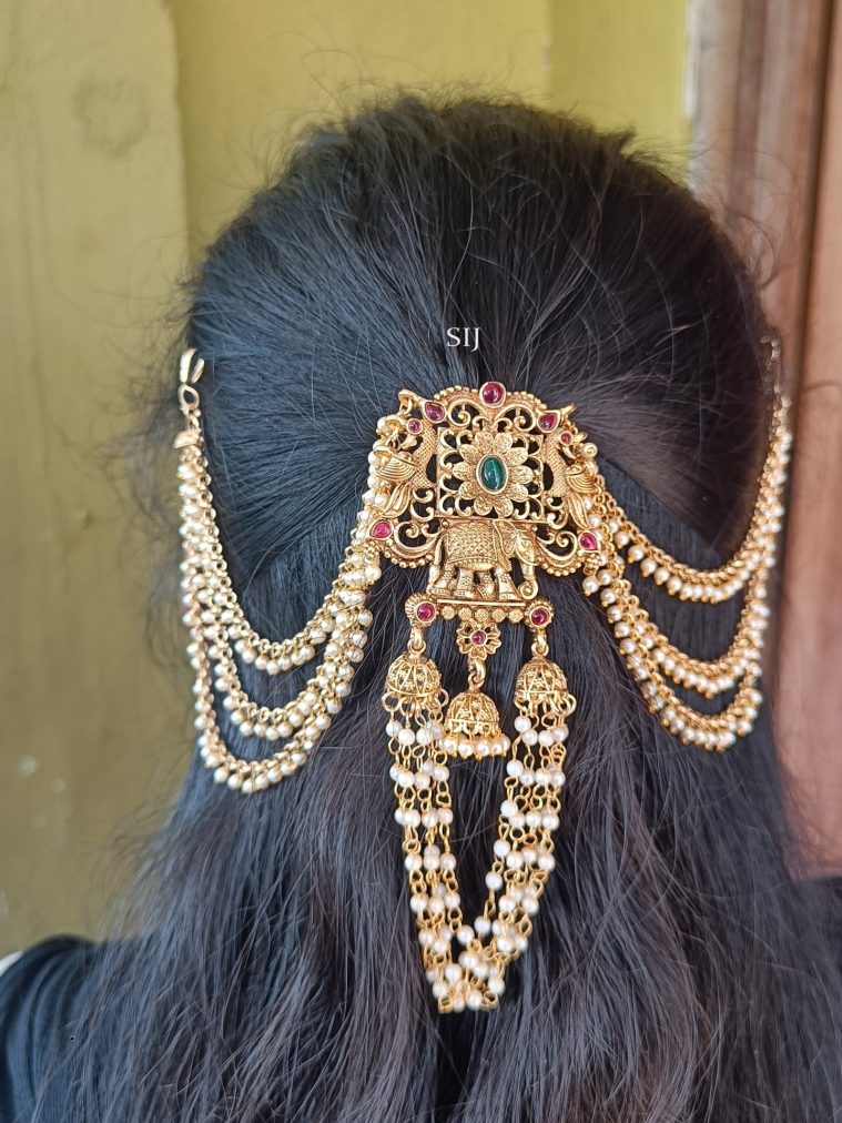 Traditional Elephant and Peacock Pendant Hair Brooch with Pearl Layer Chain