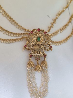 Traditional Elephant and Peacock Pendant Hair Brooch with Pearl Layer Chain