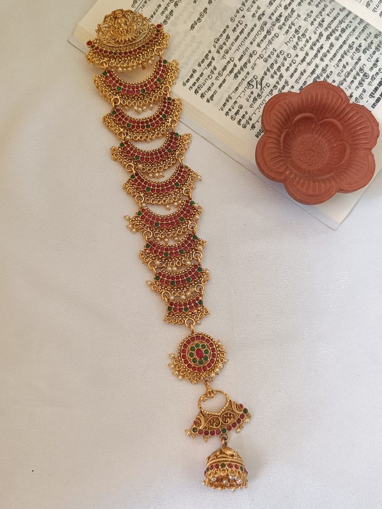 Gold Finish Lakshmi Kemp Stones Bridal Long Jada Billa Chain Set