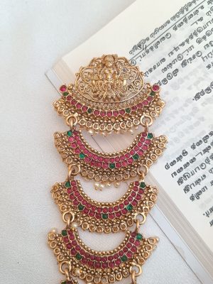 Gold Finish Lakshmi Kemp Stones Bridal Long Jada Billa Chain Set