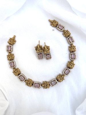 Antique Lakshmi Motif Necklace with Square Shape Pastel Pink Stones