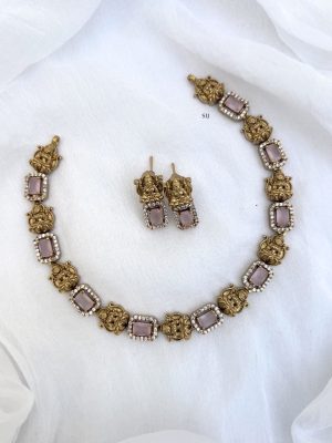 Antique Lakshmi Motif Necklace with Square Shape Pastel Pink Stones