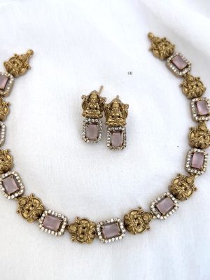 Antique Lakshmi Motif Necklace with Square Shape Pastel Pink Stones