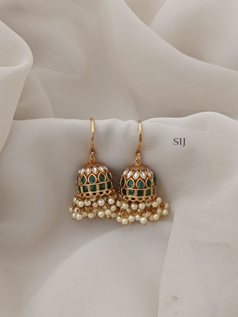 Antique Finish Green &White Stones Hook Drop Jhumkas