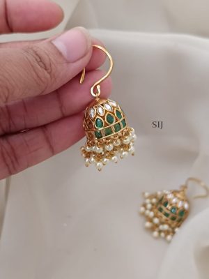 Antique Finish Green &White Stones Hook Drop Jhumkas