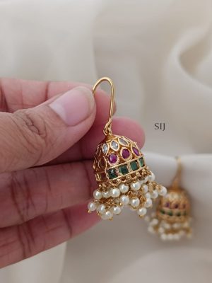 Antique Finish Ruby &Green Stones Hook Drop Jhumkas