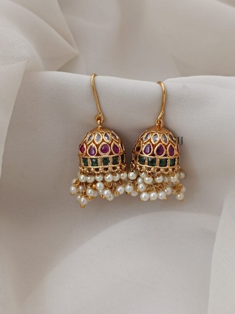 Antique Finish Ruby &Green Stones Hook Drop Jhumkas