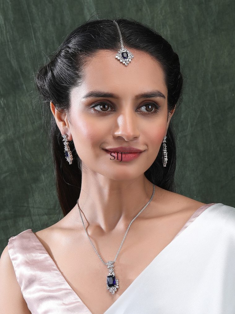 Blue Square CZ Leaf Pendant Set with Earrings and Maangtikka